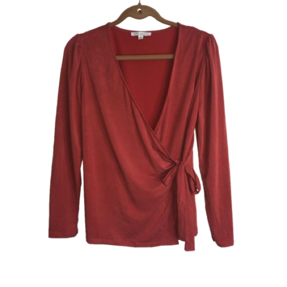 Green Envelope Faux Wrap Top Rust/Orange M Soft Long Sleeves